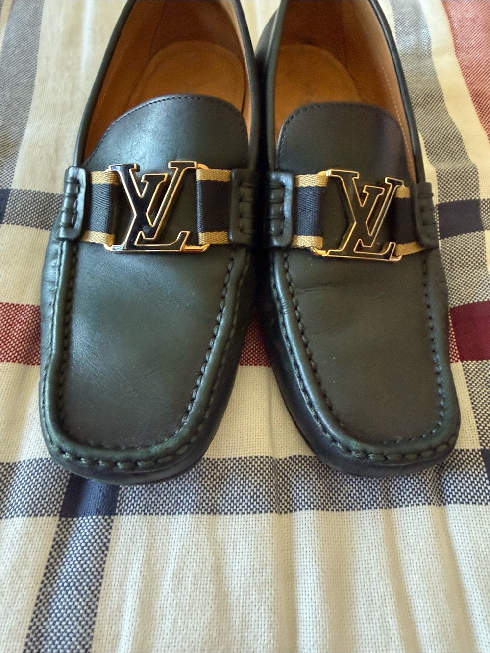 Louis Vuitton Black Leather Loafers with Navy and Tan Stripe and Gold LV Buckle